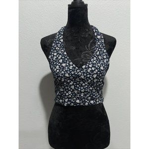 American Eagle Womens Floral Halter Crop Top Size XS  Blue Tie Smocked